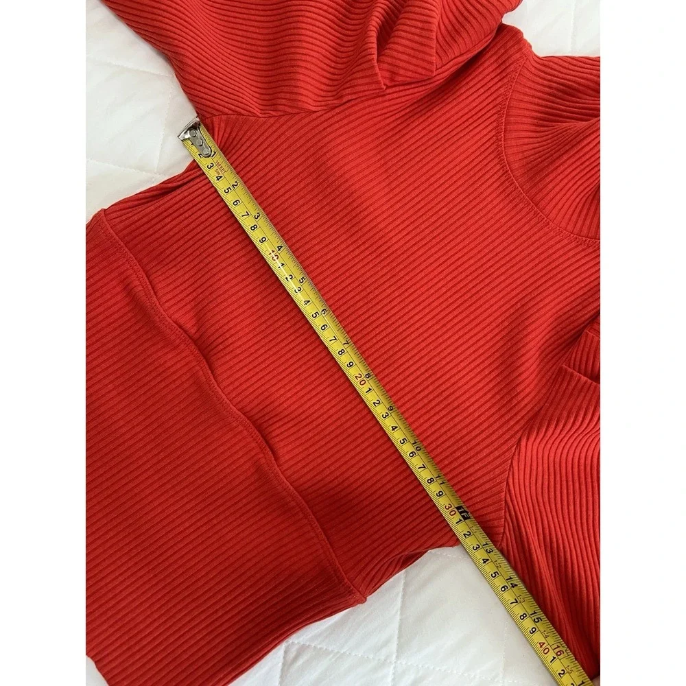 Free People Red Ribbed Mock Neck Puff Sleeve Knit Top Romantic Coquette Boho‎ M